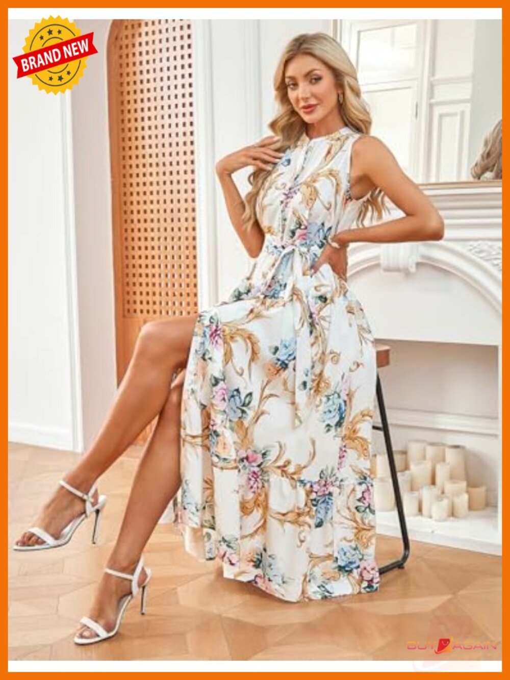 Sleeveless Floral Maxi Dress V Neck Hidden Button Down Pockets Vacation - Picture 3 of 6